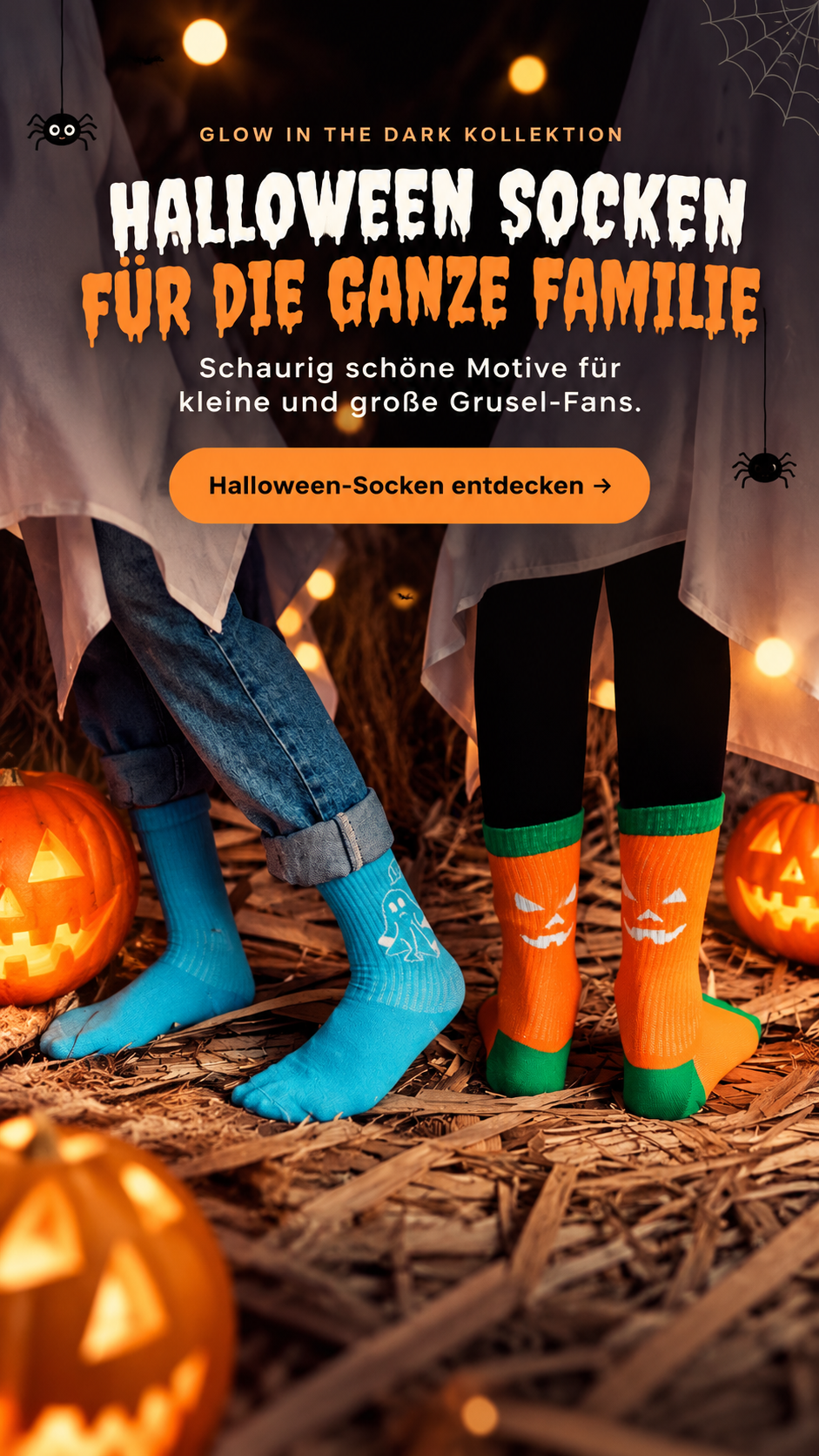 Glow in the Dark Halloween Kollektion – leuchtende Socken mit Spinnen- und Kürbis-Motiv, 20% Rabatt mit Code Boo