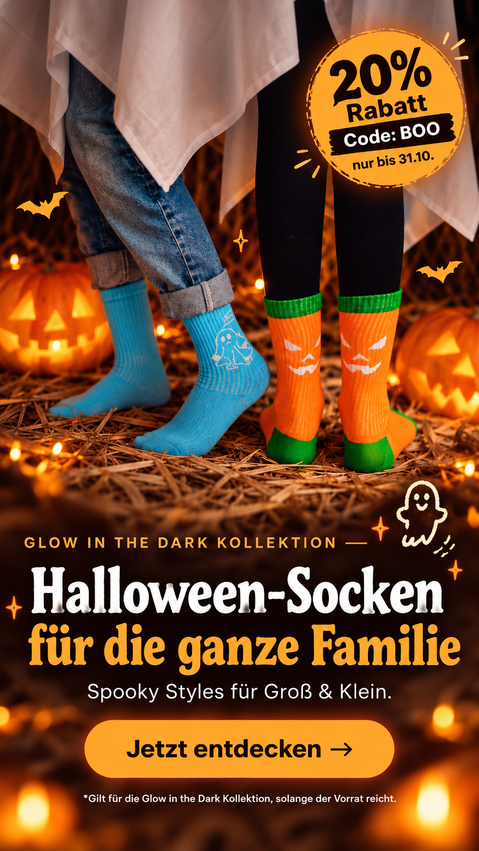Glow in the Dark Halloween Kollektion – leuchtende Socken mit Spinnen- und Kürbis-Motiv, 20% Rabatt mit Code Boo