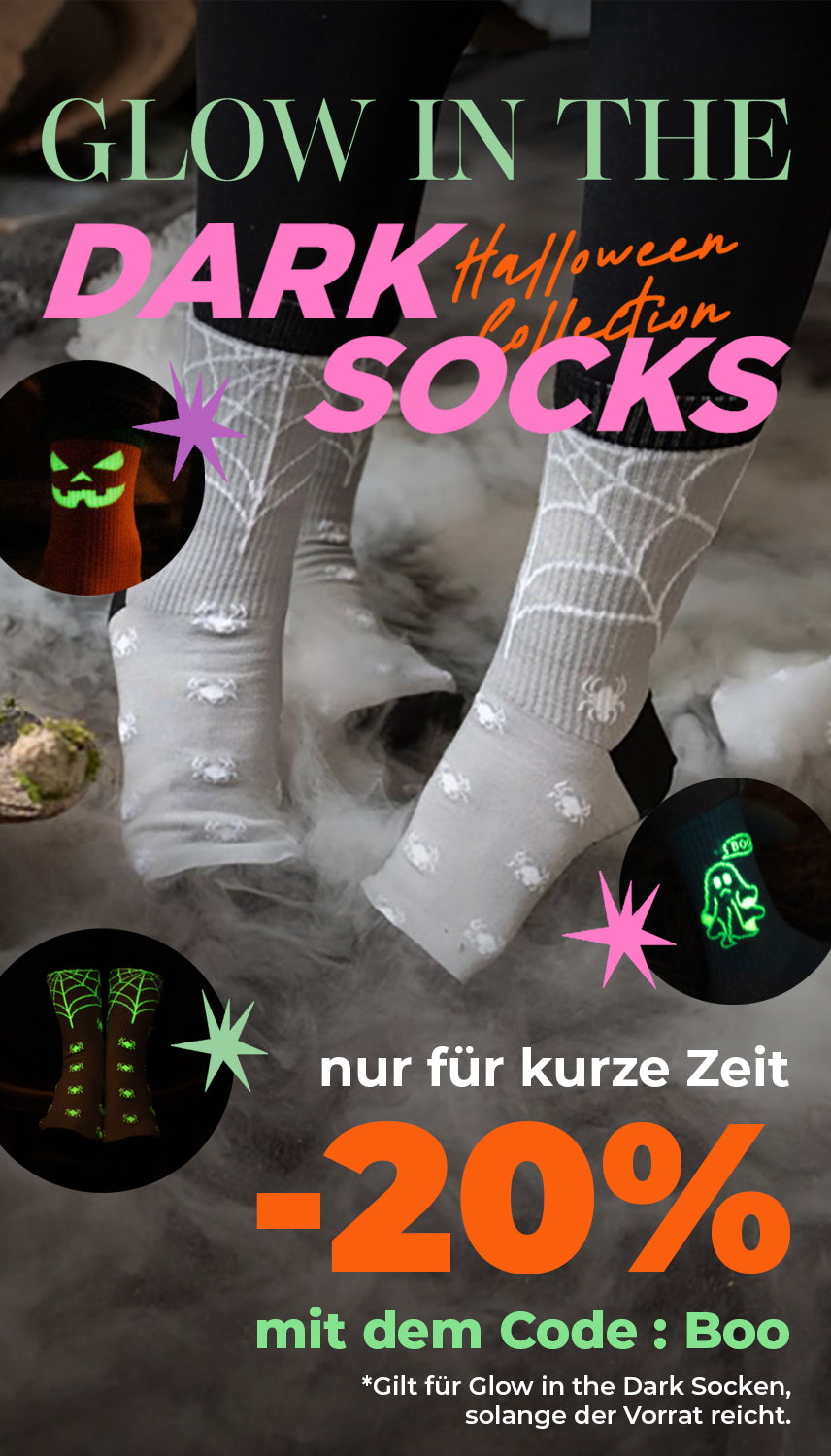 Glow in the Dark Halloween Kollektion – leuchtende Socken mit Spinnen- und Kürbis-Motiv, 20% Rabatt mit Code Boo