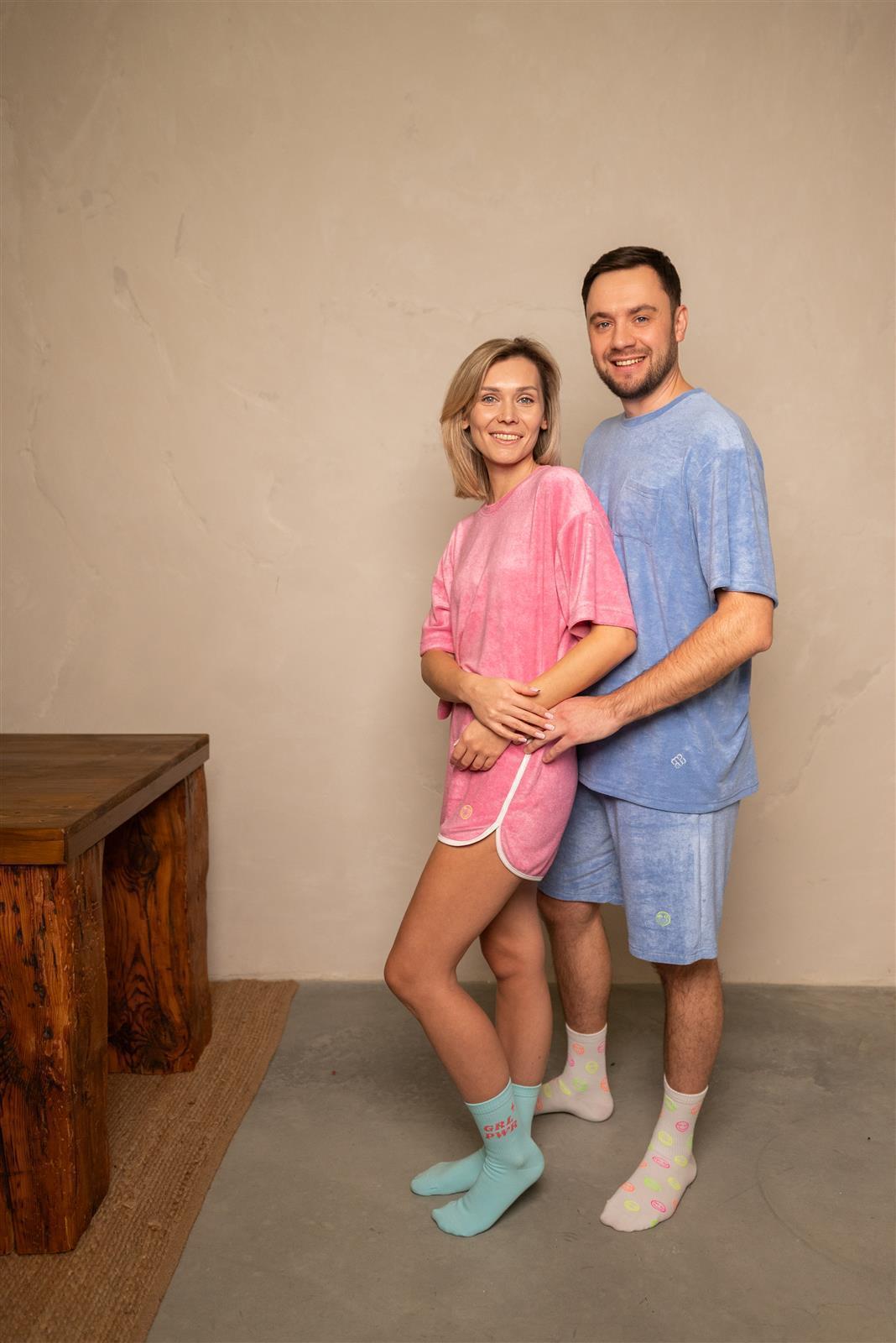 Blau Grau Frottee Shorts Long